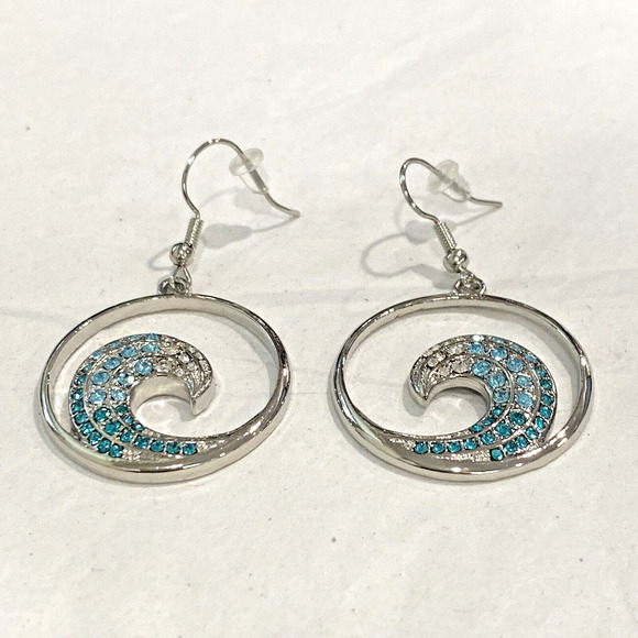 Silvertone pierced earrings drop dangle hoops blue white crystal rhinestone wave - Picture 2 of 6